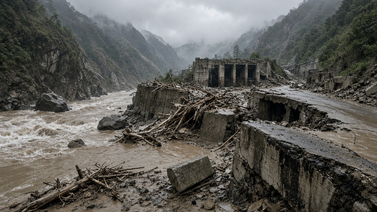 A muddy flood-scoured riverbank along the Bhotekoshi gorge in Nepal, with broken concrete retaining walls, tangled driftwood, a damaged hydropower intake, and a half-submerged road, under a low monsoon sky, no logos or readable text.
