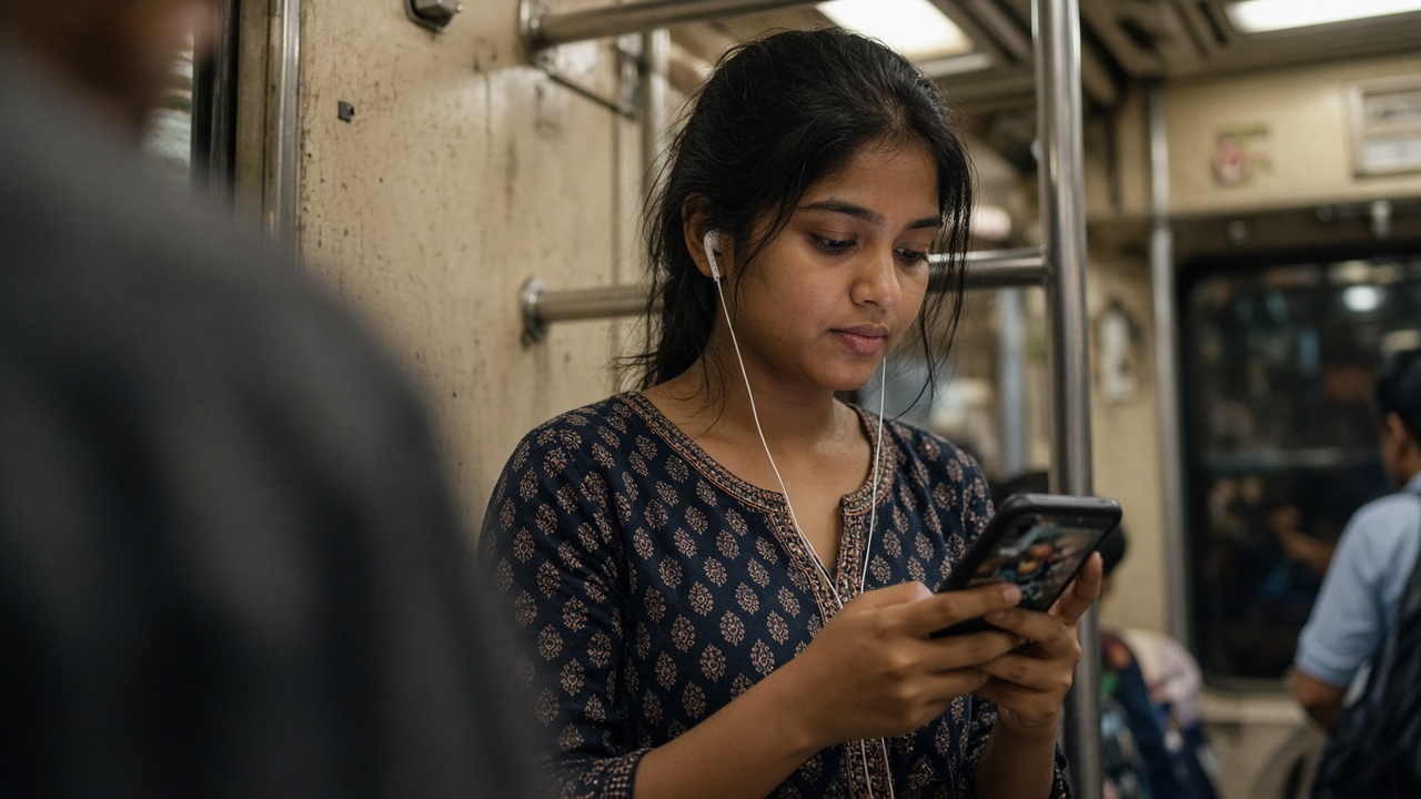Young woman on a Mumbai local train holding a smartphone with a blurred performance video on the screen, earbuds in, warm cabin light and worn metal handrails, no logos or readable text
