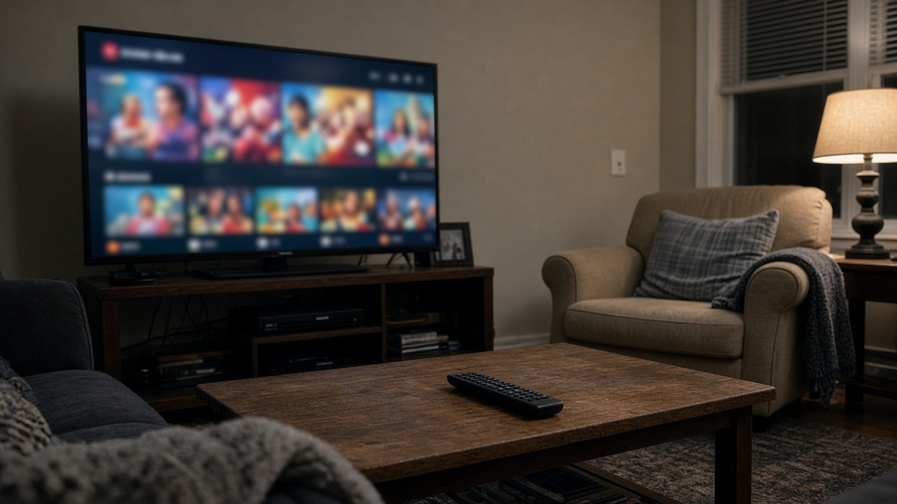 Living room with large television showing a blurred colorful streaming home screen grid and a coffee table with remote control, evening lamp light, no readable text on the display