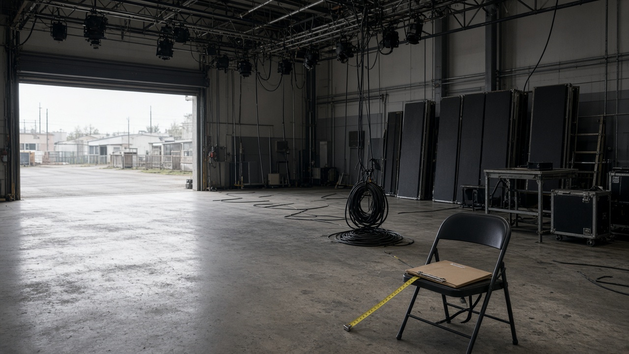 Empty television soundstage with overhead lighting truss and rolled cable on concrete floor, location scout clipboard and measuring tape on a folding chair, overcast daylight through loading bay doors, no logos or readable text
