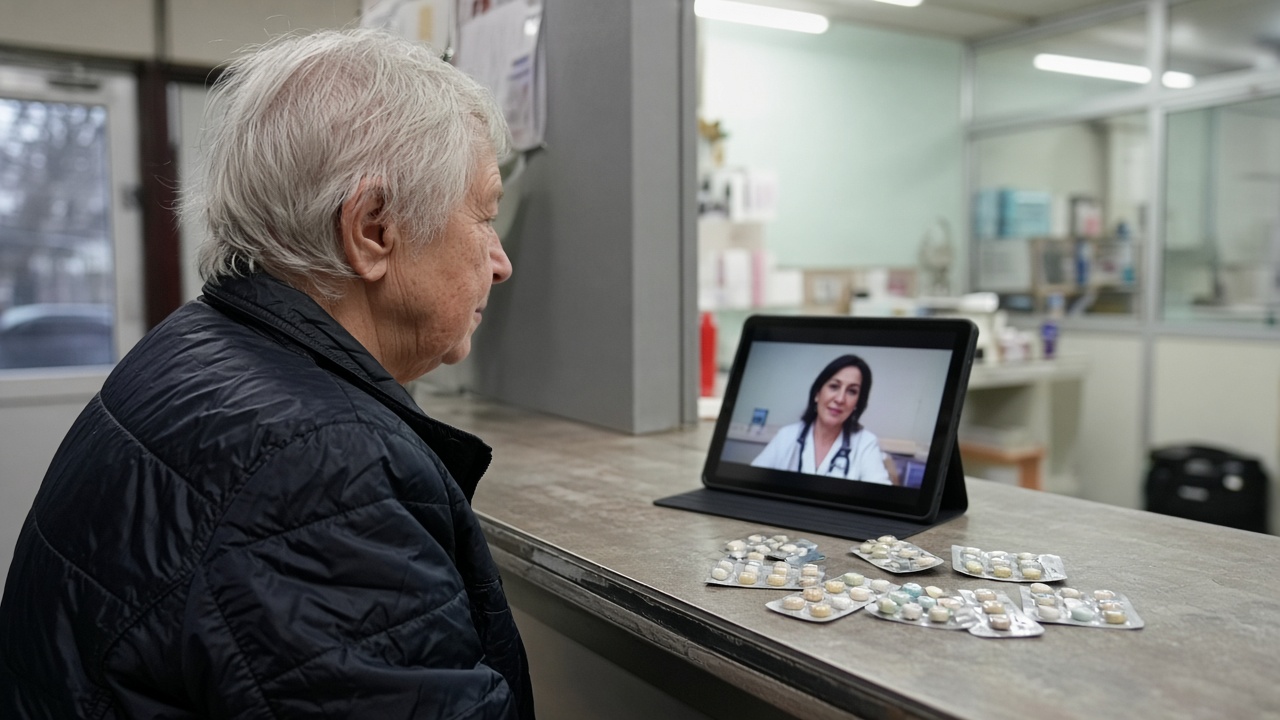 Elderly patient on a video call with a clinic pharmacist at a community health station during overcast weather, medication blister packs on the counter, fluorescent lighting, no logos or readable text