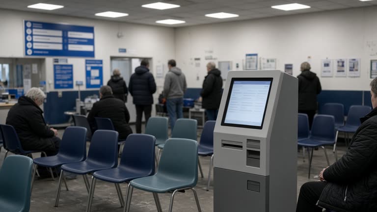 Busy NHS accident and emergency waiting room with a freestanding touchscreen kiosk and plastic chairs, fluorescent ceiling panels, patients blurred in background, muted NHS blue signage without readable text