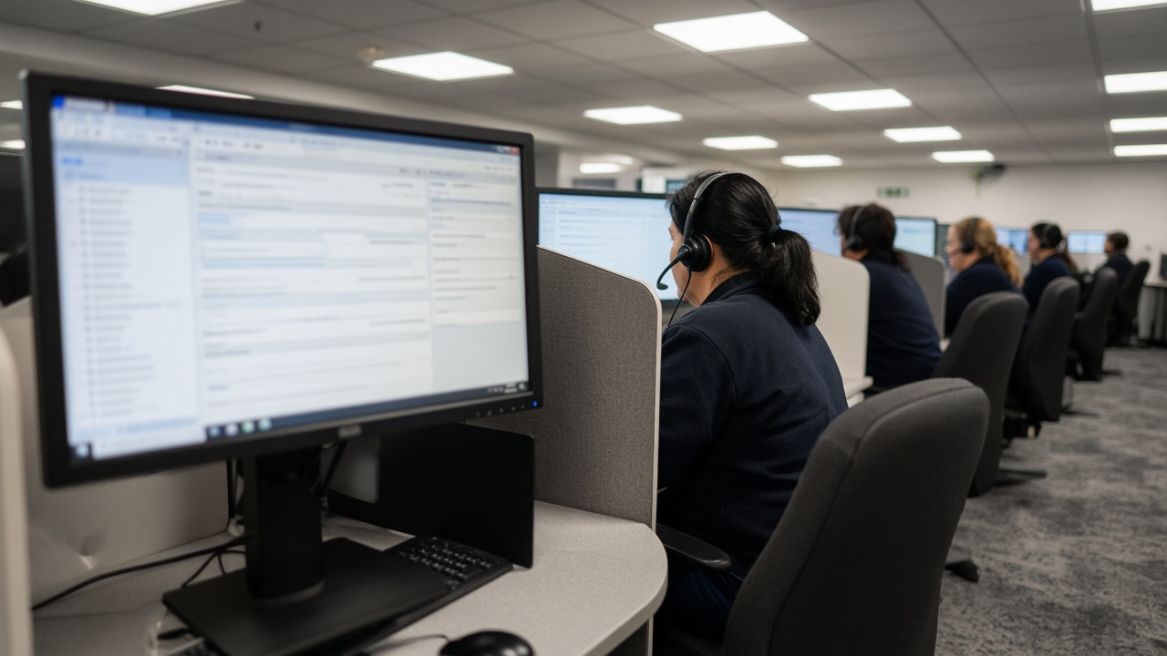 NHS call centre row with operators wearing headsets at curved monitors showing blurred patient intake forms, overhead fluorescent panels and grey carpet, no logos or readable text