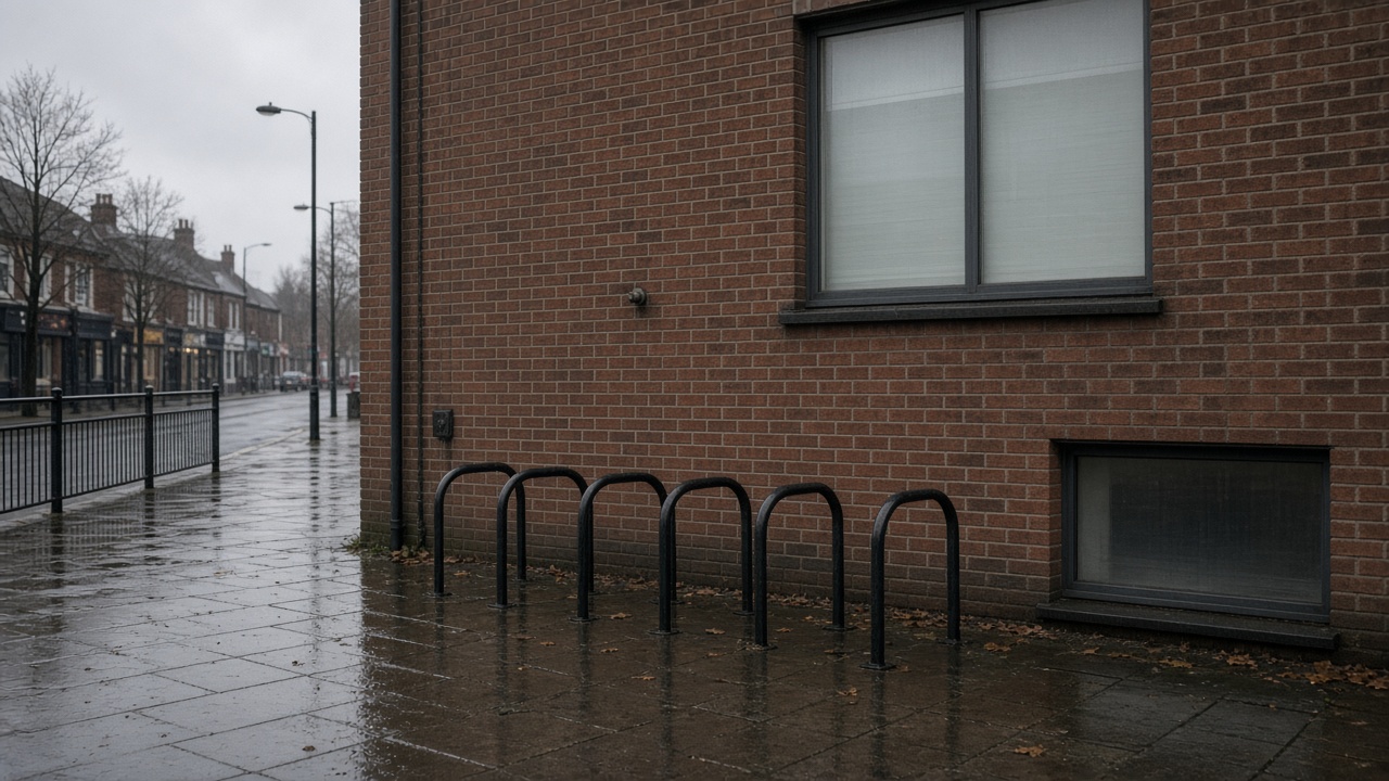 NHS GP surgery exterior with brick facade and bicycle rack on a rainy English high street, empty pavement, documentary wire photo, no logos or readable text