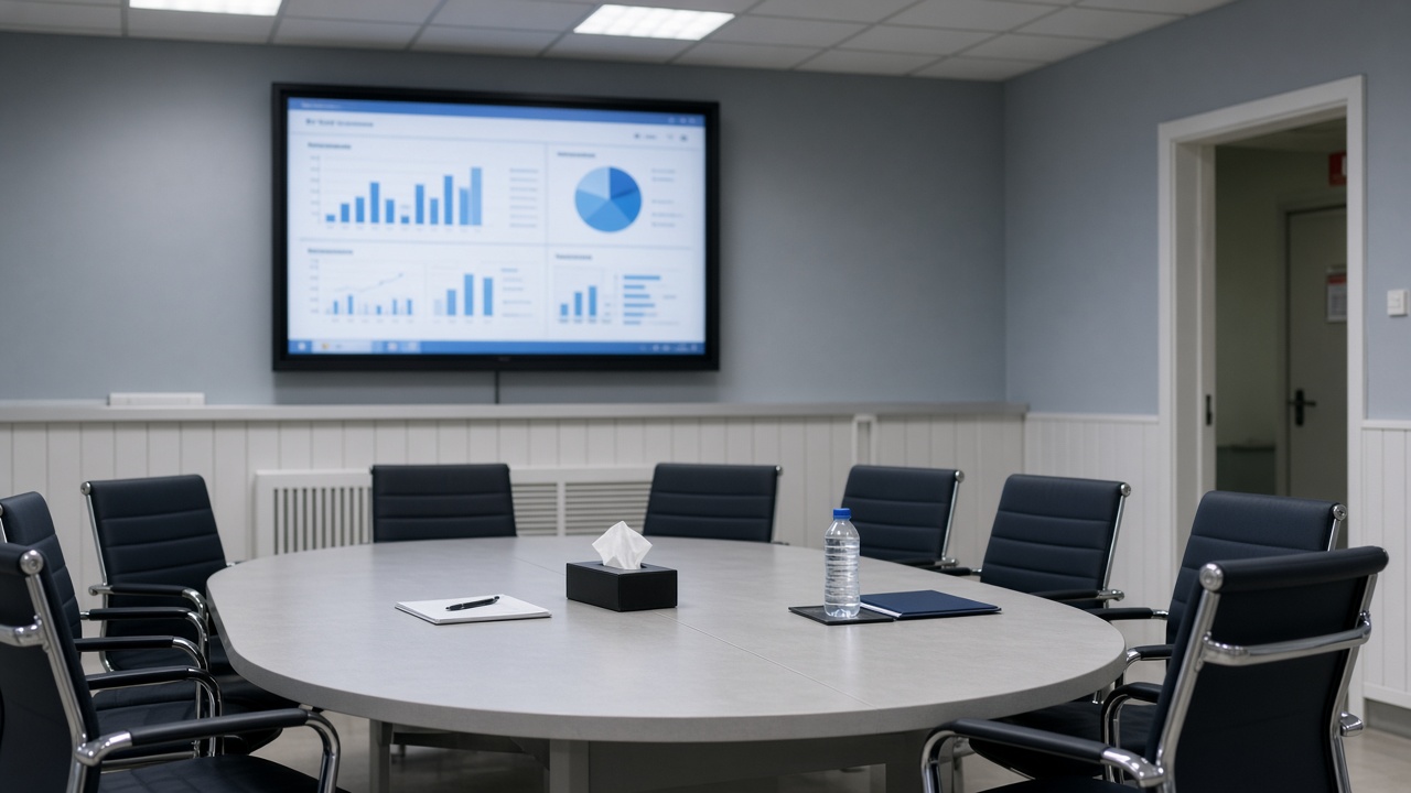 Hospital trust meeting room with a wall monitor showing blurred analytics charts, empty chairs around a table, fluorescent lighting, no readable screen text