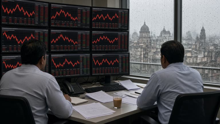 Photoreal scene of a Mumbai brokerage trading desk on a grey monsoon afternoon, two dealers in shirtsleeves watching a wall of red index screens, printed notes and a half-finished glass of chai on the desk, rain streaking the window with the Fort business district skyline behind, cinematic natural light, shallow depth of field, no logos or readable text