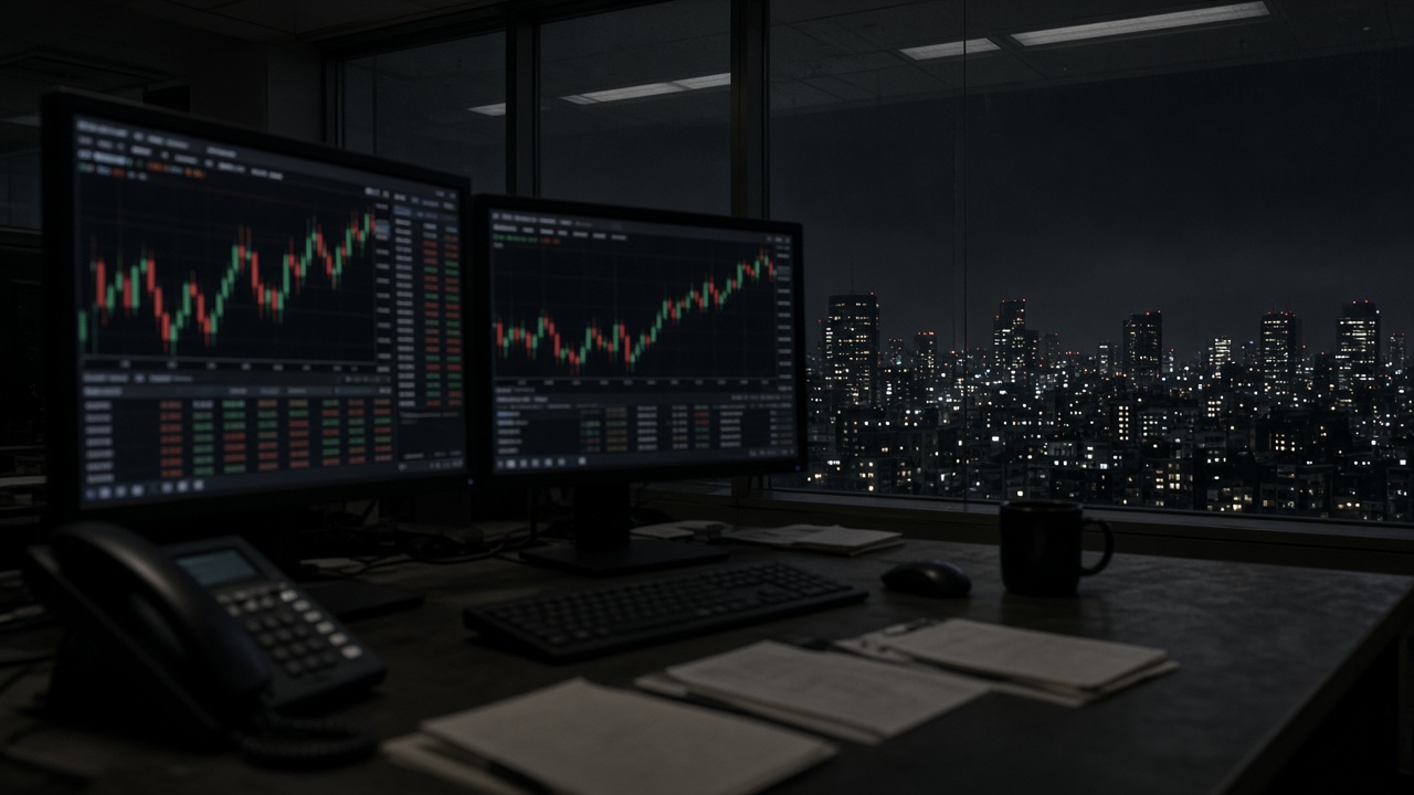 Dim trading desk with multiple monitors showing candlestick charts without readable tickers, night view of Tokyo through office glass, no logos or readable text