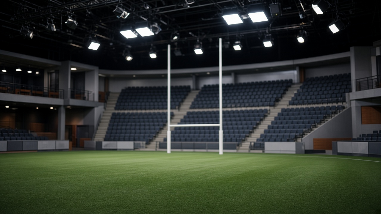 Television studio set with faux Australian rules goal posts and lighting rigs, empty grandstand seats in background, no logos or readable text