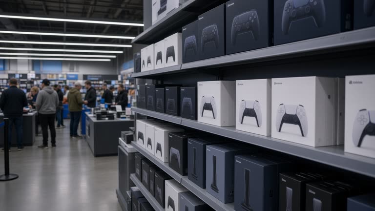 Electronics shop aisle with game console boxes stacked on shelves, shoppers queuing at a distance, cool white store lighting, no logos or readable text