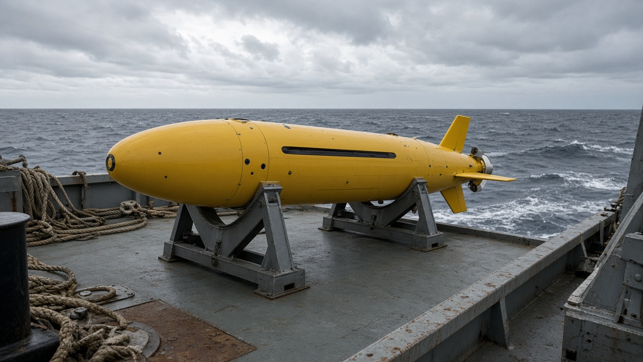 Research vessel deck with yellow underwater glider on cradles, Arabian Sea horizon, overcast light, no institution logos