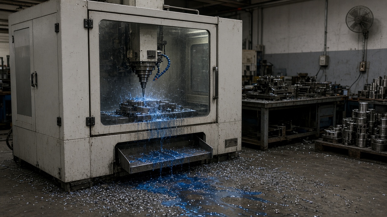 CNC milling machine in a small metalworking shop with blue coolant and metal shavings on the floor, dim industrial lighting, no logos or readable text.
