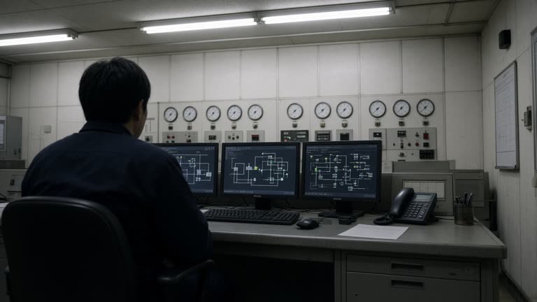 Interior of a Japanese water treatment control room with SCADA monitors and analog gauges, operator silhouette at desk, cool fluorescent light, no readable text or logos