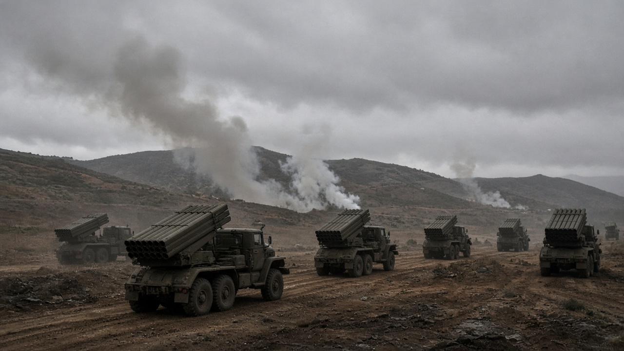 Multiple rocket launcher trucks parked on dirt firing line with smoke plumes on distant hillside, overcast sky, documentary wire photo, slight underexposure, no flags or readable markings