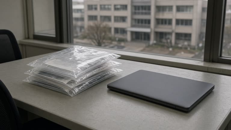 Plain office desk with sealed evidence bags and a closed laptop under neutral overhead light, blurred prefectural office building visible through window, no logos or readable text