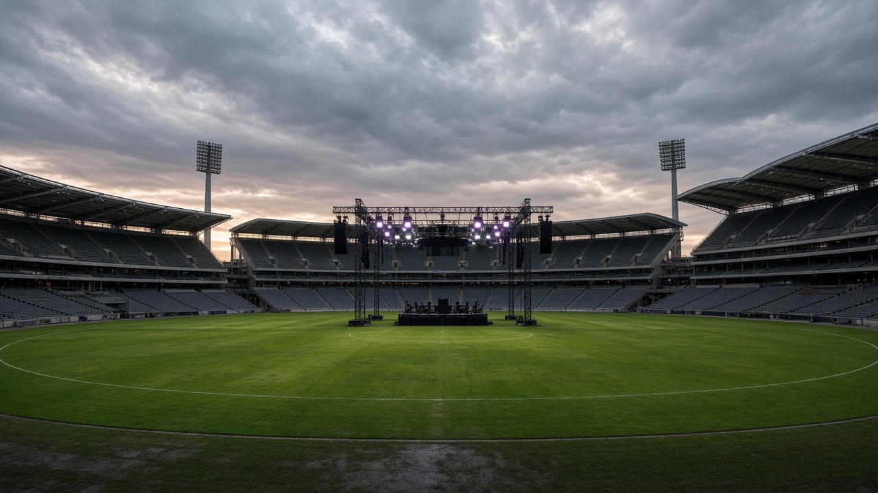 Accor Stadium field at dusk with empty grandstands and concert lighting rigs on the halfway line, overcast Sydney sky, no logos or readable text