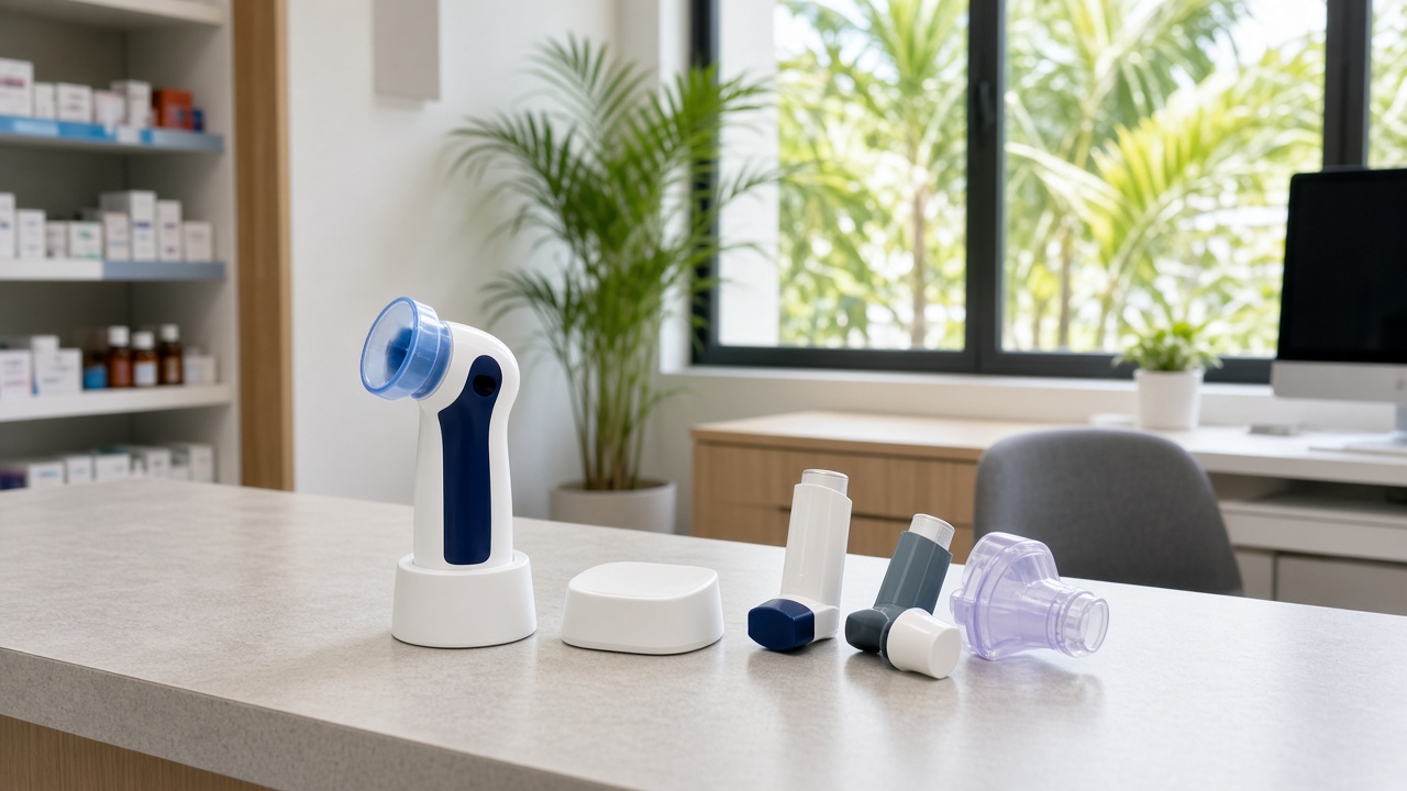 Community pharmacy consultation area with a handheld spirometer and inhaler devices on a laminate counter, tropical light through windows, no faces, no logos or readable text