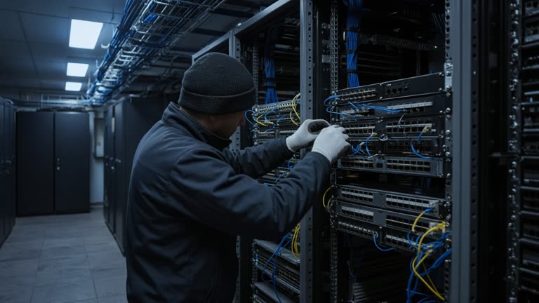 Technician in a chilled data hall aisle adjusting fiber patch panels on an open rack, blue overhead lighting and cable trays, no logos or readable text