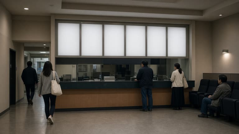 Photoreal Japanese multiplex lobby on a Sunday afternoon, blank illuminated poster cases above a ticket counter, a few moviegoers in casual clothes, warm interior light, no logos or readable text.