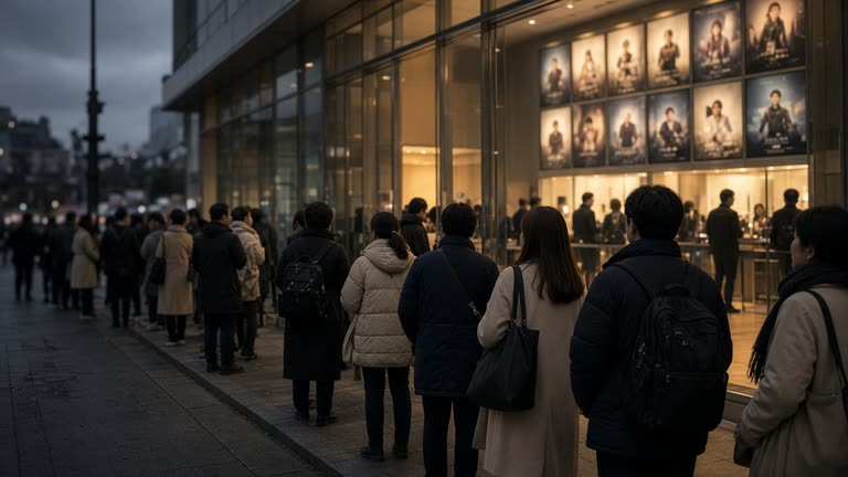A photoreal evening scene outside a Seoul multiplex during the Chuseok holiday, moviegoers queuing under warm lobby light, a blurred poster wall in the background, no logos or readable text.