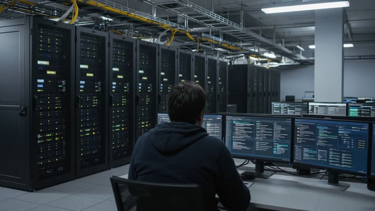 Telecom network operations centre with rack lights and cable trays, cool fluorescent light on metal flooring, operators shown from behind at monitors, no logos or readable text