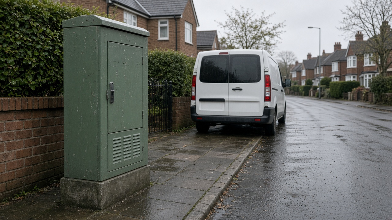 Green roadside fibre broadband cabinet with an Openreach-style van parked behind it on a suburban street, overcast light, wet pavement, no readable text or logos