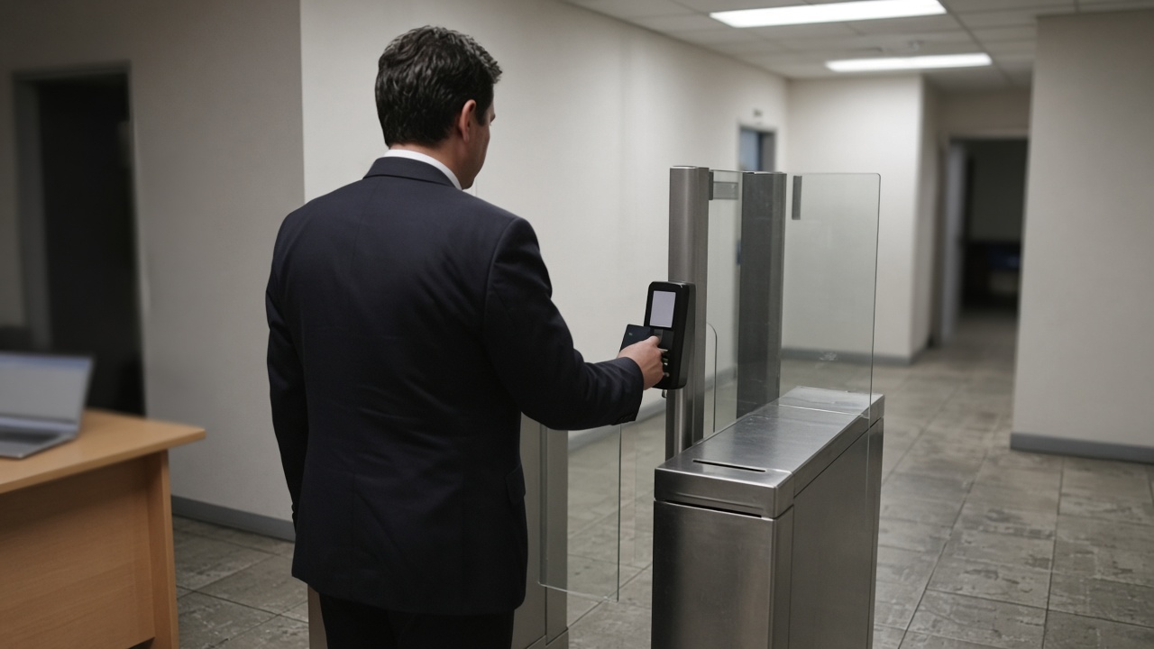 Corporate office security turnstile with employee badge tap and blurred laptop on a nearby desk, fluorescent hallway light, scuffed floor tile, no logos or readable text