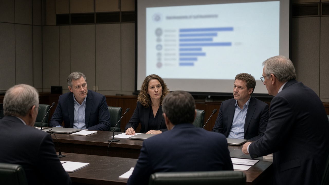 OpenAI executives sit at a parliamentary hearing table in Sydney, laptops closed, as Australian MPs lean forward under television lights with a Services Australia logo visible on a witness slide projected behind them.
