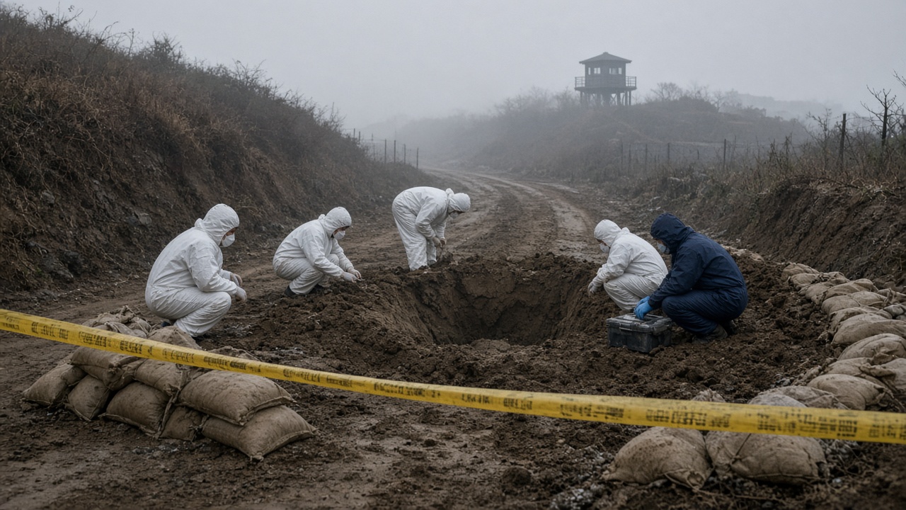 Photoreal scene of South Korean and UNC forensic investigators in protective gear examining a blast crater on a narrow dirt road inside the DMZ, with yellow tape, sandbags, mist, and a distant guard post, no logos or readable text.