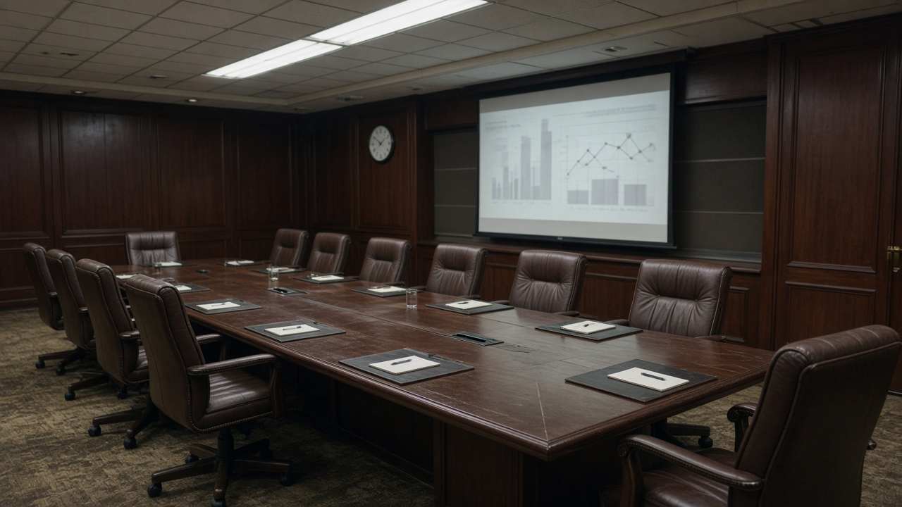 Reserve Bank of India style boardroom with long mahogany table, leather chairs, wall clock and muted charts blurred on screen, overhead fluorescent light, worn carpet, no logos or readable text