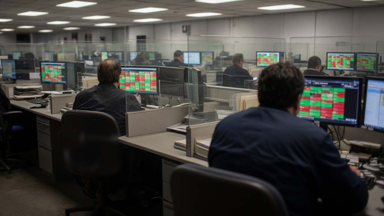 Retail brokerage office with rows of desktop monitors showing blurred green and red price tiles, evening fluorescent light, plastic partition dividers, no logos or readable text.