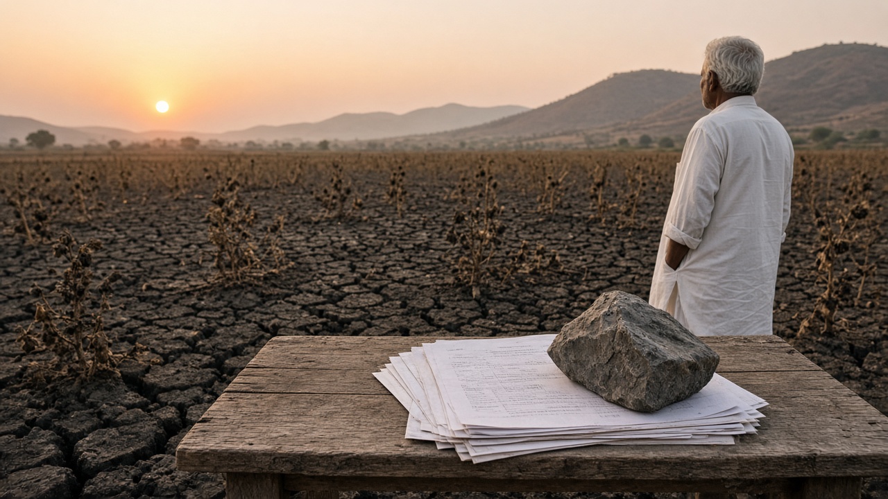 Photoreal scene: cracked black soil in a drought-hit Maharashtra taluka at dawn, a farmer in a white kurta and turban standing beside a dried cotton field, a wooden table with crop-insurance papers weighted by a stone, distant brown hills and a pale sky, no logos or readable text.