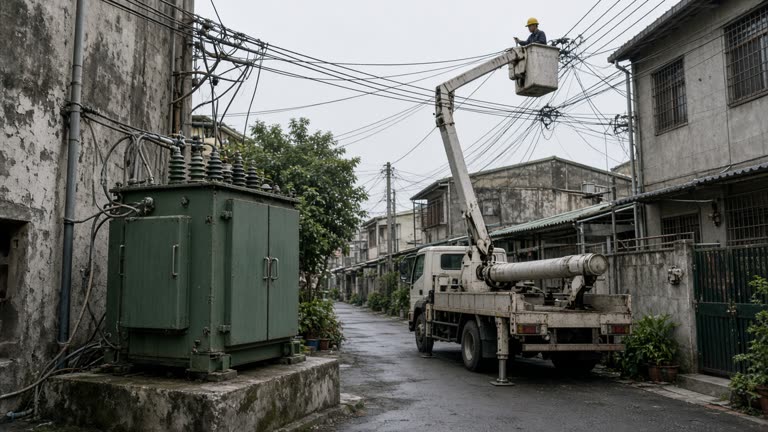 Taipower-style green utility transformer on a concrete pad beside a narrow Taiwan residential lane, bucket truck with worker in hard hat nearby under humid overcast sky, tangled overhead wires, no logos or readable text