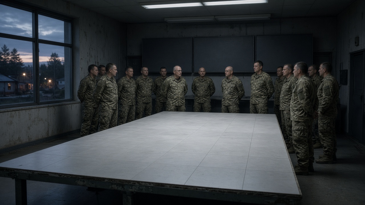Photoreal wide shot of a combined military command briefing room at dusk, two groups of officers in plain unmarked uniforms standing at a large wall-mounted map table with blank terrain tiles, dim cool overhead lighting, empty wall screens, shallow depth of field, no logos or readable text
