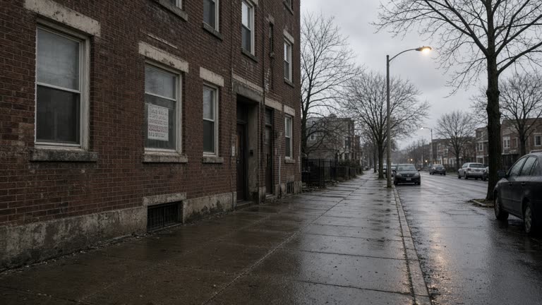 Overcast morning on an inner-city street, modest apartment block with a faded for-rent sign in a window, wet pavement, sodium streetlight still on, no readable text.