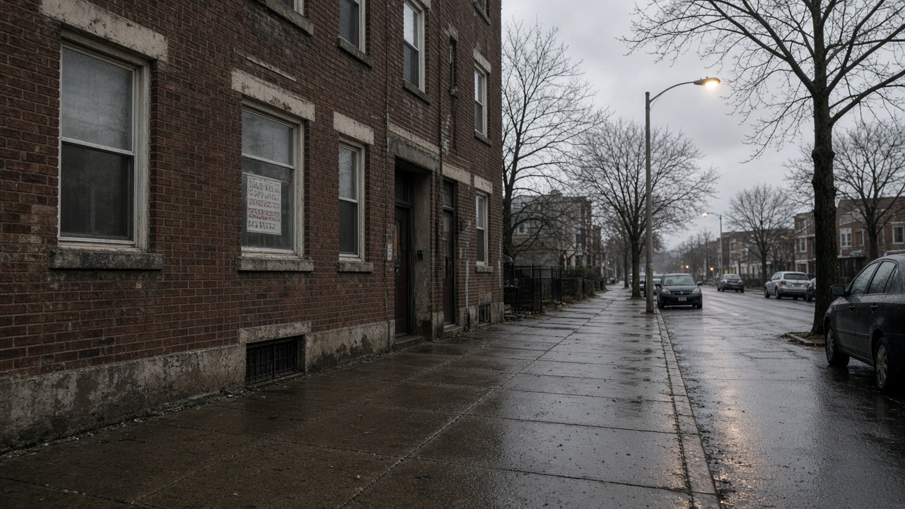 Overcast morning on an inner-city street, modest apartment block with a faded for-rent sign in a window, wet pavement, sodium streetlight still on, no readable text.