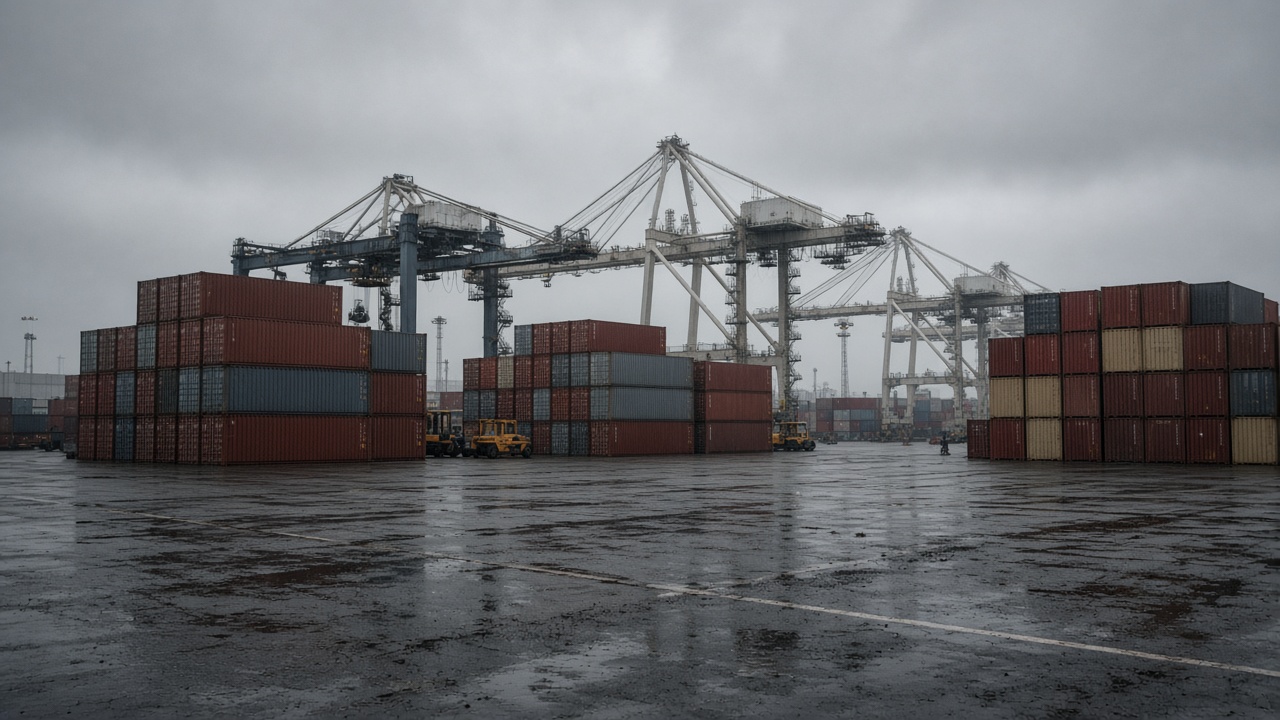 Nhava Sheva container yard with stacked shipping containers under overcast monsoon sky, wet asphalt and distant gantry cranes, no logos or readable text