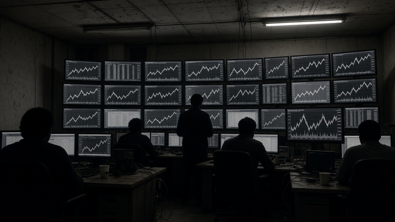 Traders silhouetted before multiple monochrome market monitors in a Mumbai dealing room, early morning light, cables and coffee cups, no readable tickers or logos