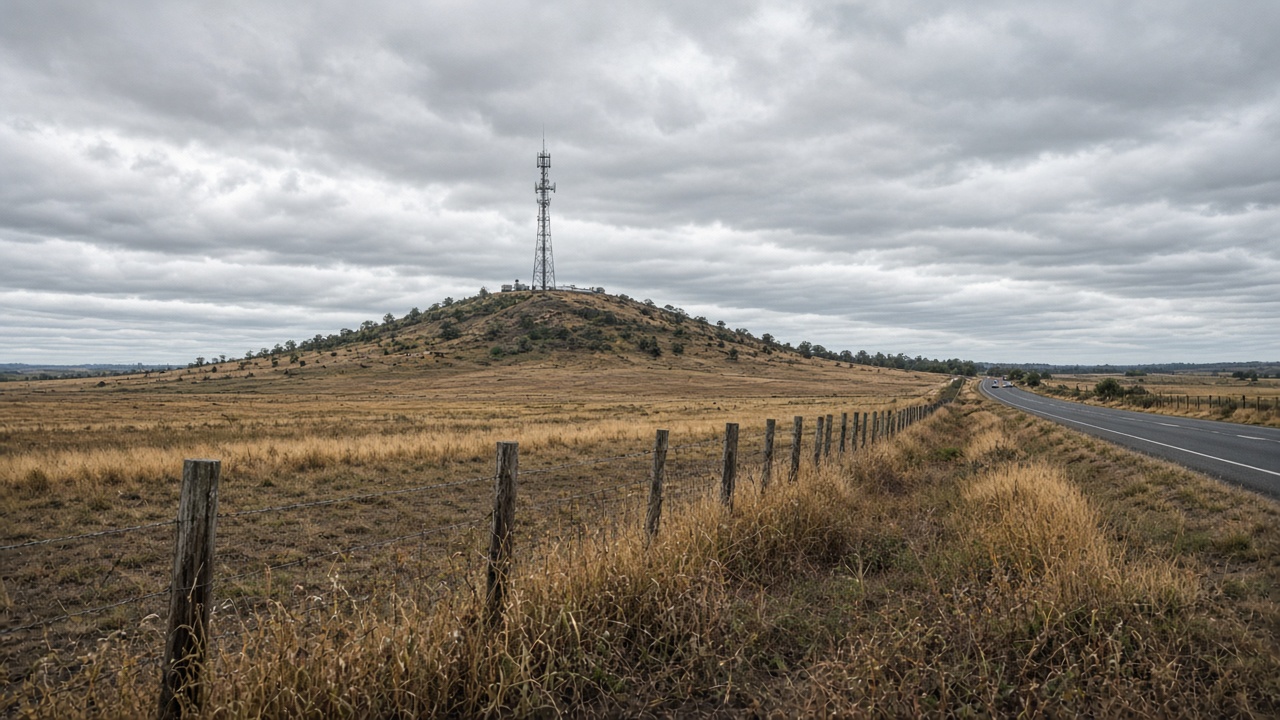 Rural Victoria roadside with a telecommunications tower on a low hill, overcast afternoon light, dry grass and fence line, distant highway, no logos or readable text