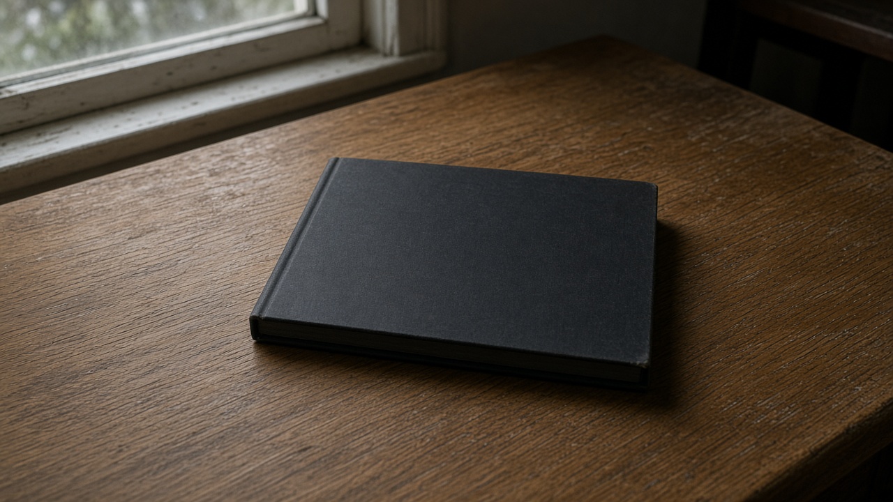 Closed unlabeled black hardcover notebook face-down on a wood desk, blank cover, overcast window light, no people, no logos, no readable text