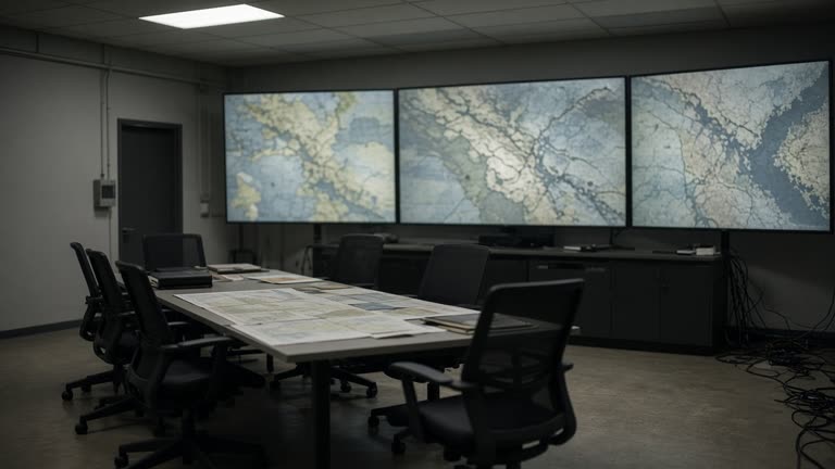 Military logistics planning room with large wall displays showing blurred map graphics, empty chairs, muted overhead lighting, cable runs along floor, no logos or readable text