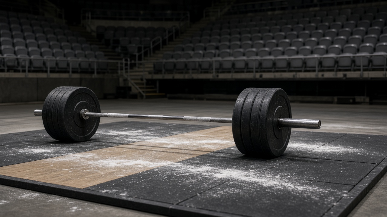 Indoor weightlifting platform with loaded barbell and chalk dust on rubber mats, empty competition hall seats in background, harsh arena lighting, no logos or readable text