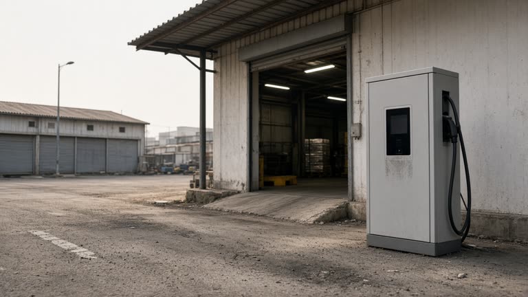 A grey EV charger cabinet beside a warehouse loading bay in a Delhi industrial estate, dusty asphalt, afternoon haze, no logos or readable signage