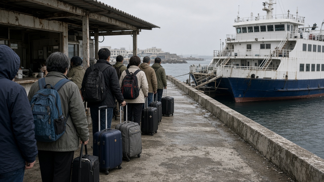 Travelers with rolling suitcases queuing at a Penghu harbor ticket counter beside a passenger ferry moored at the pier, grey morning light and salt-stained concrete, no logos or readable text