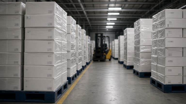 Warehouse aisle with stacked sealed medicine cartons on plastic pallets under cool white industrial lighting, forklift blurred at end of row, no logos or readable text