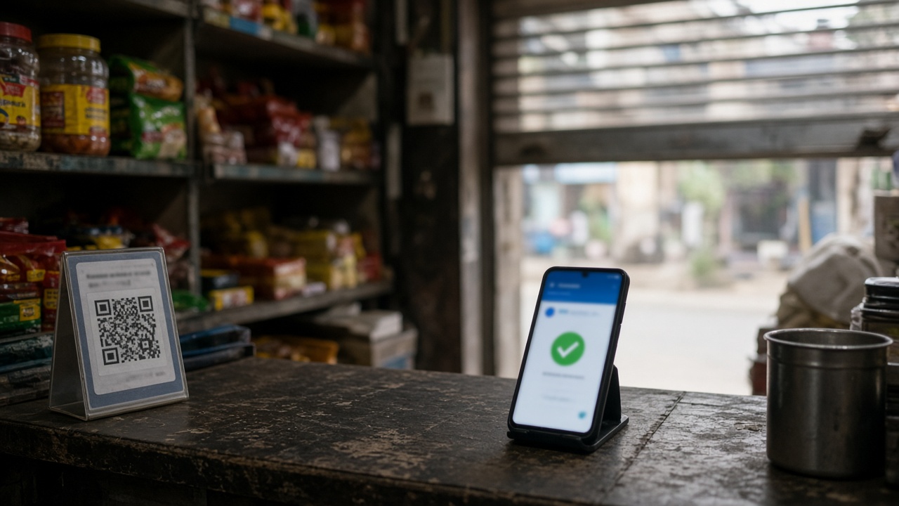 Indian kirana shop counter with blurred UPI QR standee and smartphone payment screen, afternoon light through shuttered front, stacked goods on shelves, no logos or readable text