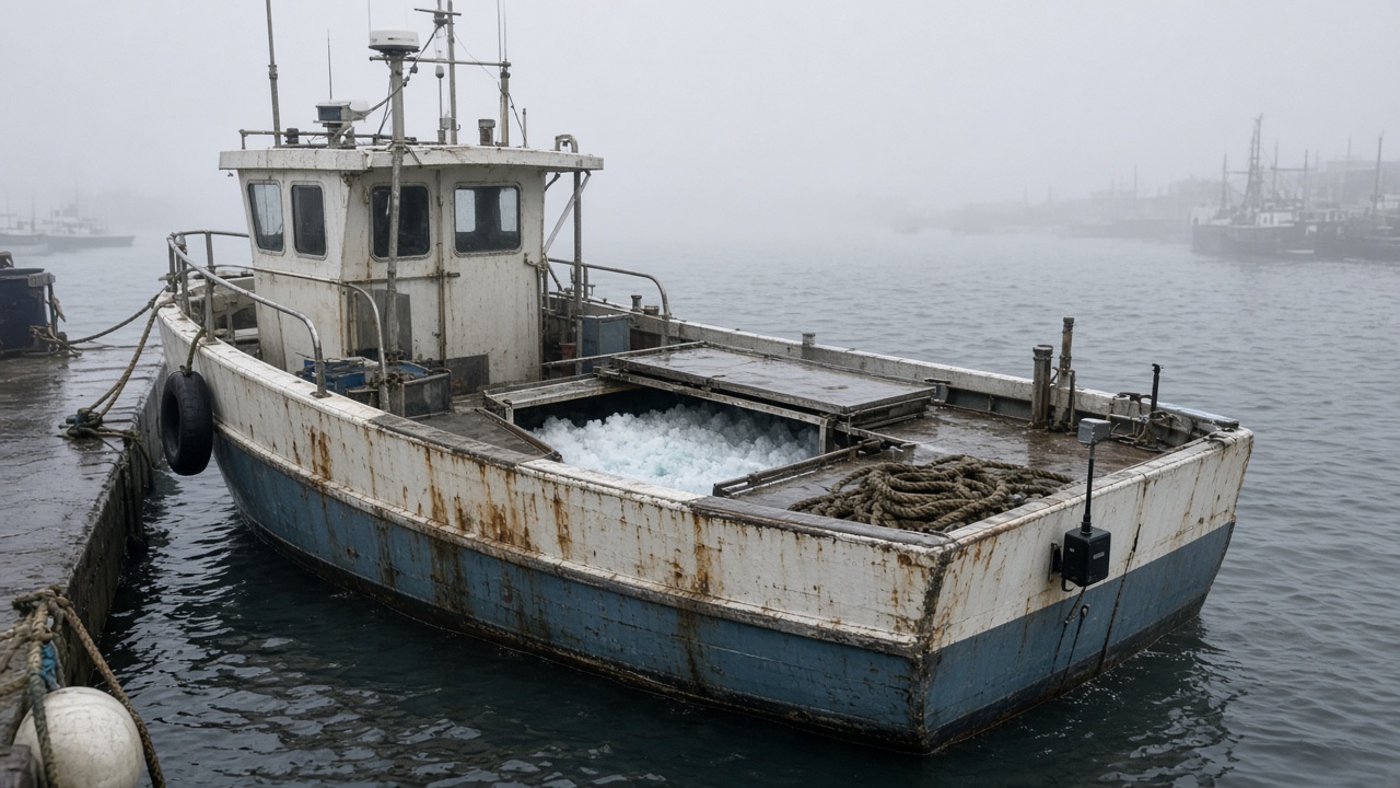 Small fishing day boat in Plymouth harbour with open ice hold hatch and a wireless sensor clipped to the hull, grey morning sea fog, wet rope coils on deck, no logos or readable text