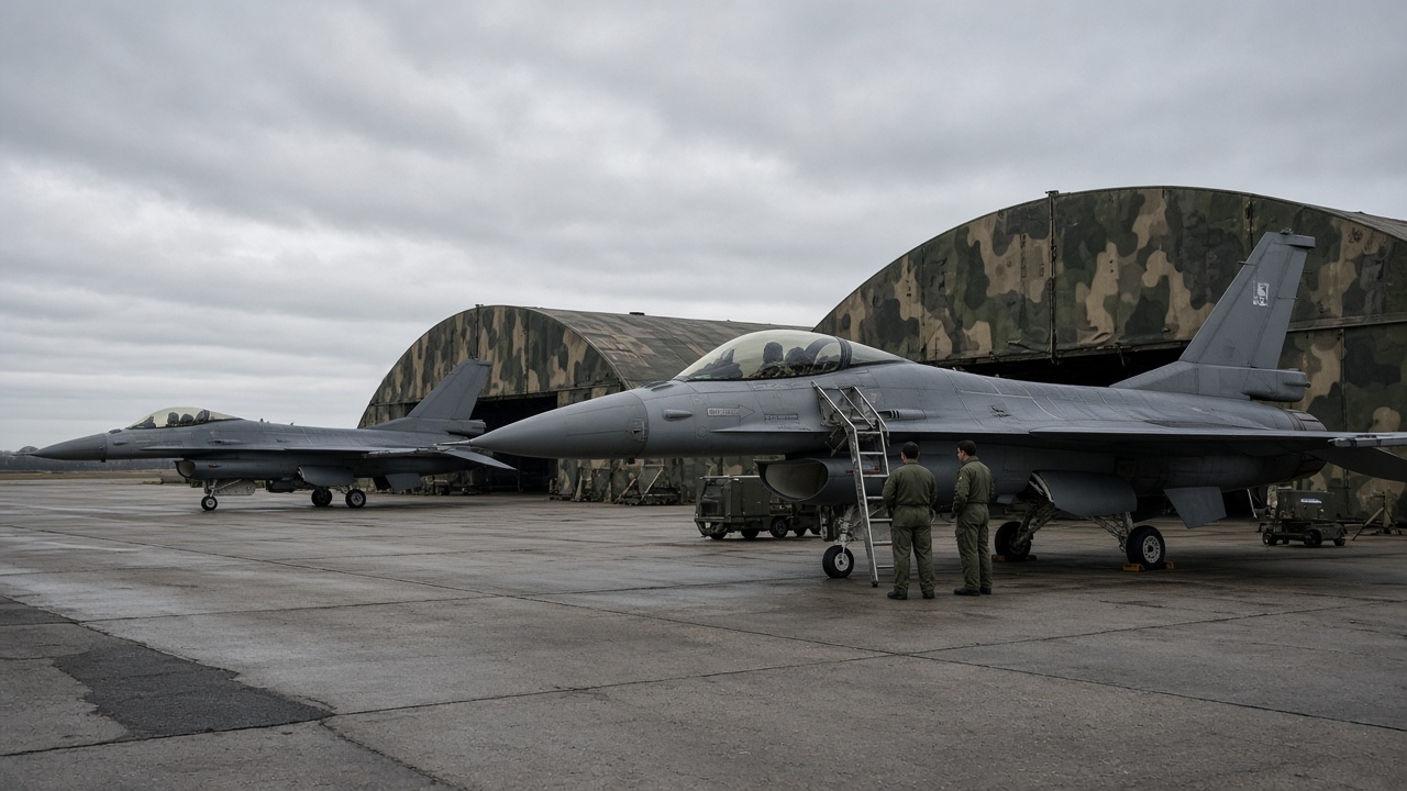 Polish F-16 fighters on alert apron beside camouflaged hangars under grey Baltic sky, ground crew in olive flight suits near ladder, documentary wire photo, slight underexposure, no readable insignia