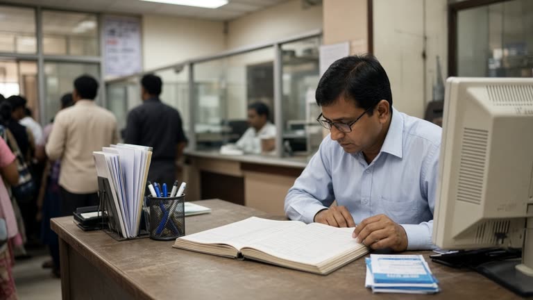 Photoreal scene of an Indian bank branch treasury desk in late morning: a bank officer reviewing deposit ledgers beside a computer terminal, customers waiting in the background, cash counters and passbooks visible, no logos or readable text.