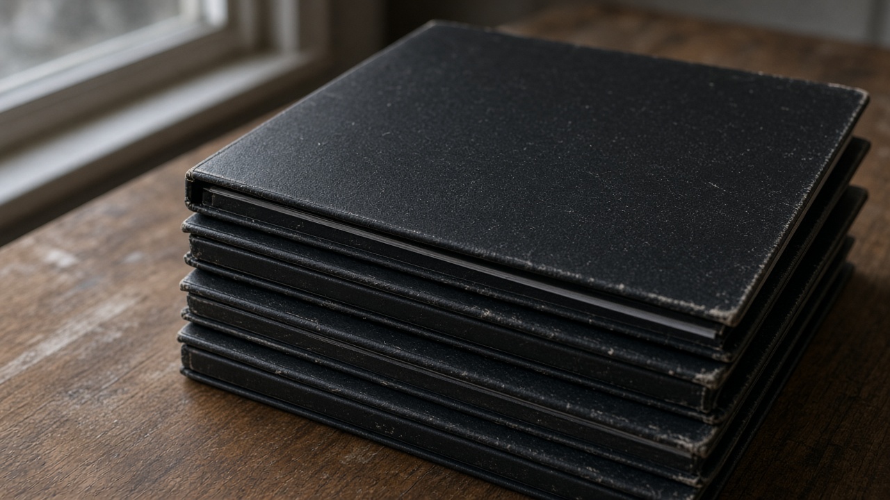 Two closed blank black ring binders on their sides on a wood table, overcast window light, no people, no logos, no readable text
