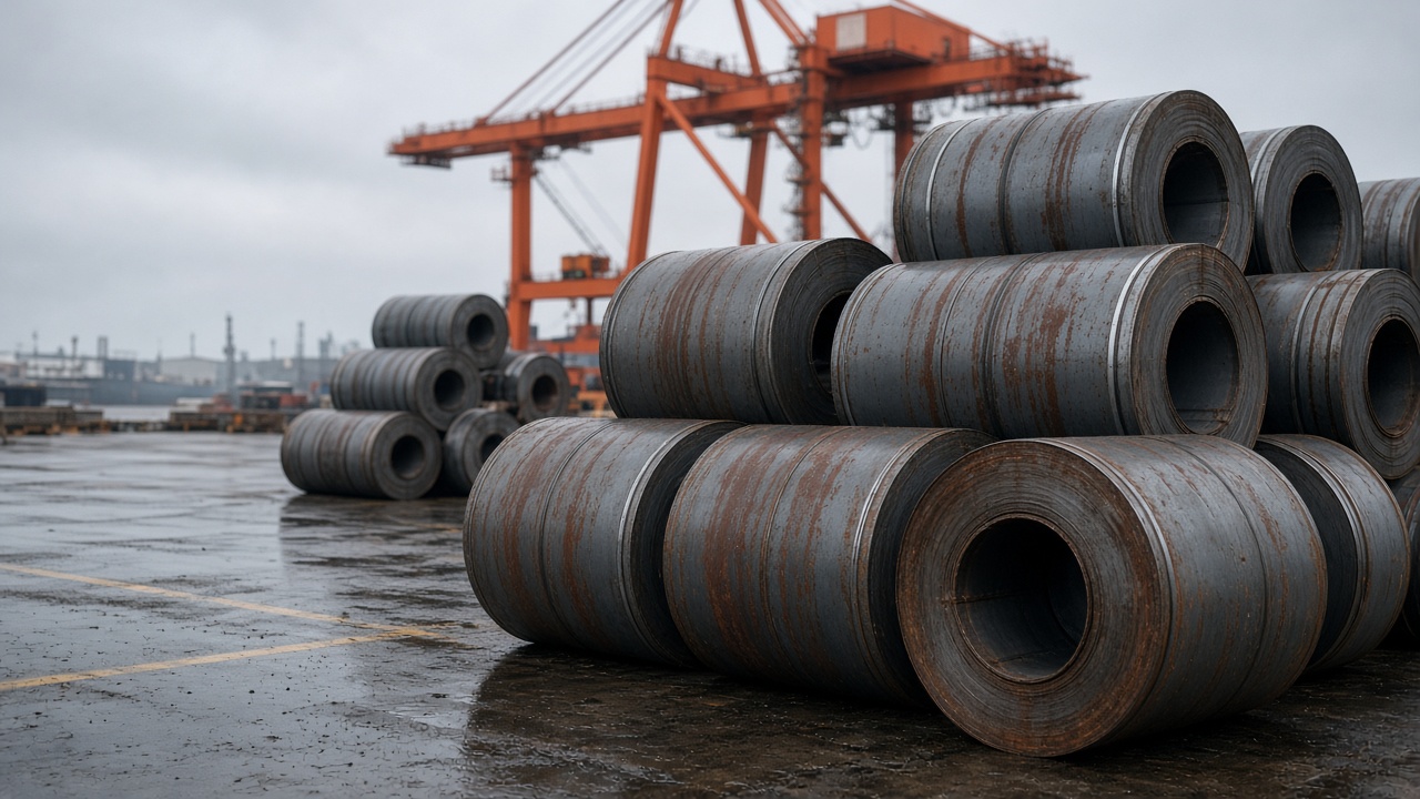 Weathered steel coils stacked on a Busan port quay under overcast morning light, orange gantry crane booms in soft focus behind, wet asphalt and rust-streaked banding, documentary framing, no logos or readable text